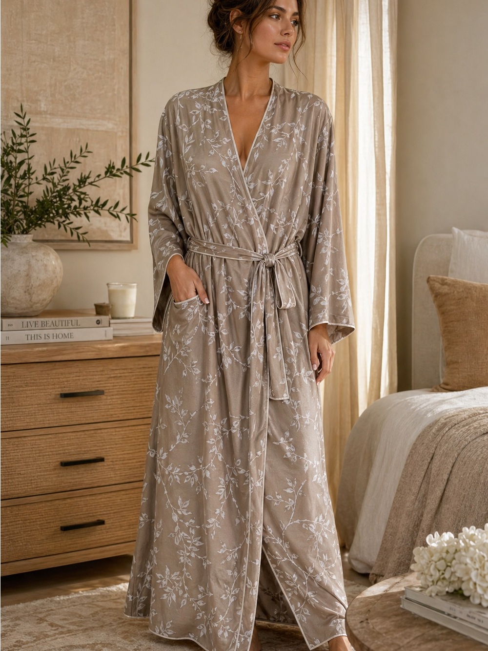 Valentino Taupe Floral Wrap Robe with White Print